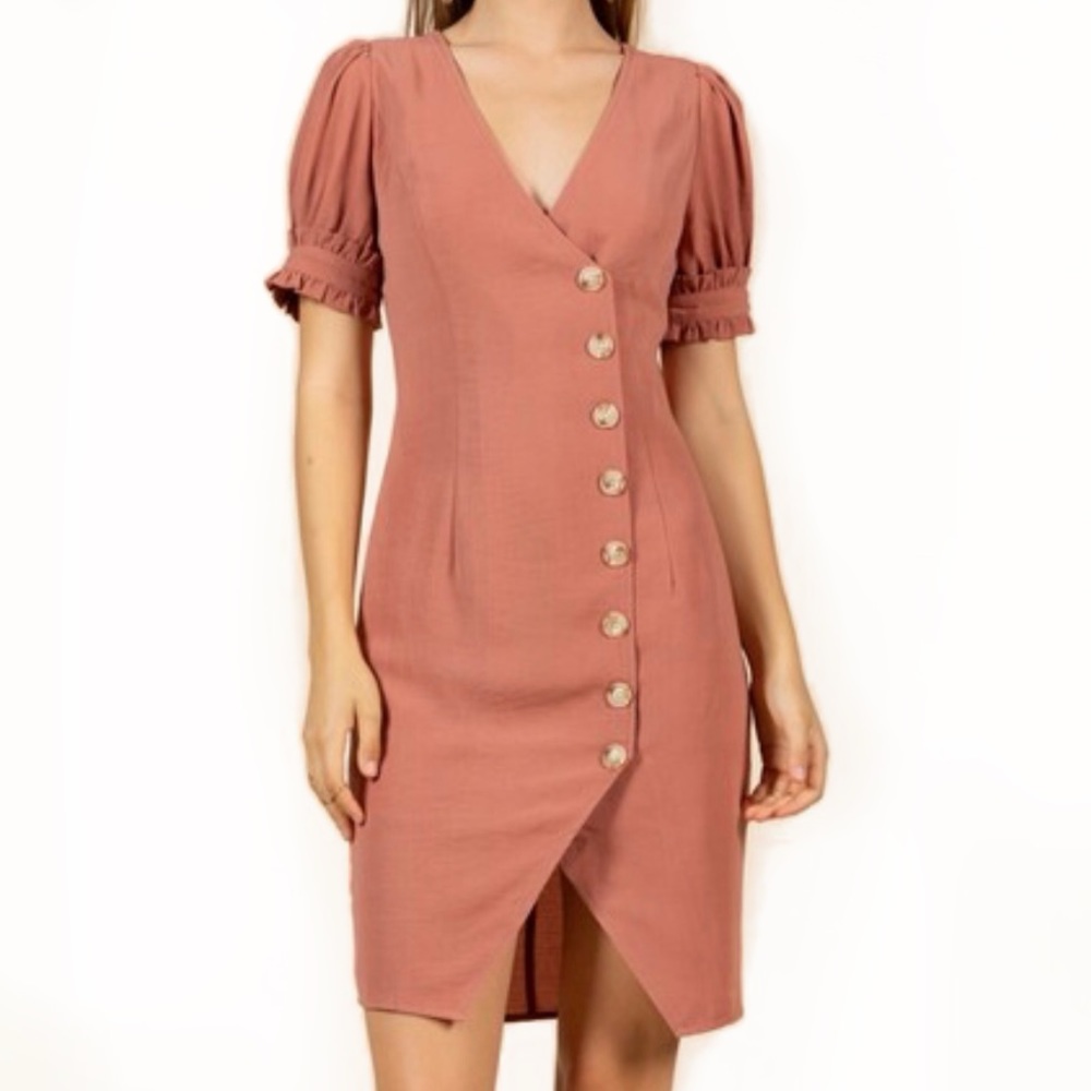 Sexy Cottagecore Mauve Button Up V-neck Midi Dress Small